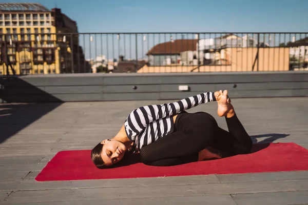 Young Sporty Happy Woman Sportswear Doing Stretching Exercises Yoga Mat —  Fotos de Stock