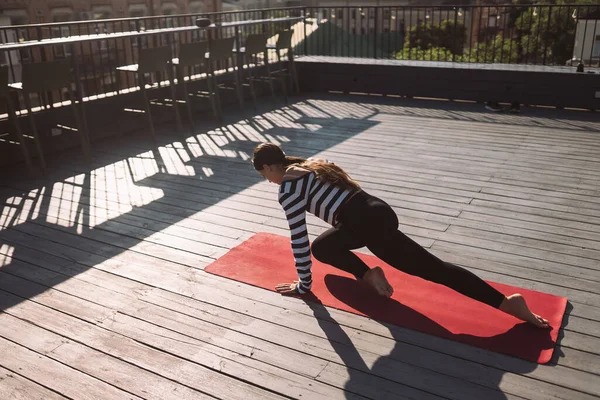 Young Sporty Happy Woman Sportswear Doing Stretching Exercises Yoga Mat —  Fotos de Stock