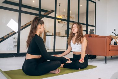 Nilüfer çiçeği pozunda meditasyon yapan iki genç kadın. Yoga