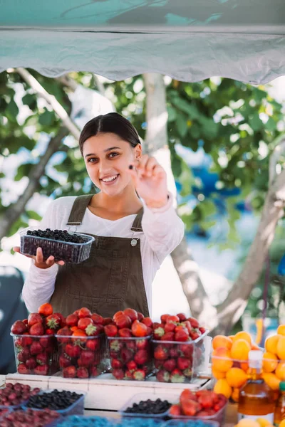 Young Positive Salesgirl Job Selling Sells Home Grown Vegetables Fruits — Photo