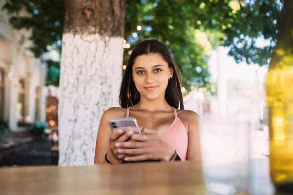 Photo Charming Pretty Young Lady Communicating Modern Gadget Smiling Urban — Stockfoto