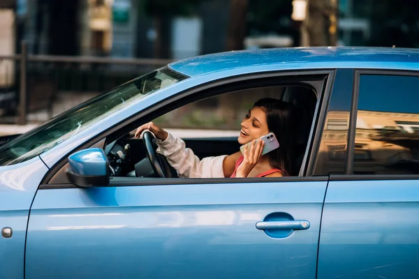 Business Woman Sitting Car Using Her Smartphone — 스톡 사진