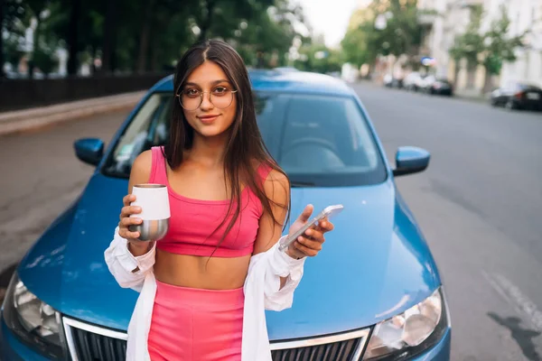 Woman Drive Car Stop Coffee Break Pause Use Smartphone Read — Fotografia de Stock