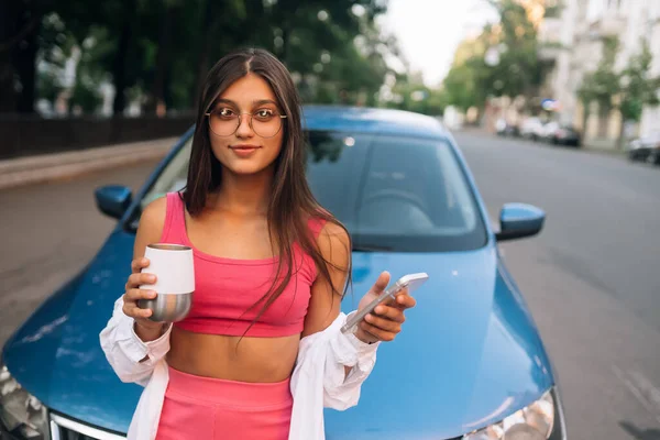 Woman Drive Car Stop Coffee Break Pause Use Smartphone Read — Foto de Stock