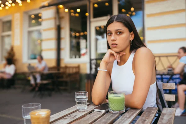 Tired Sad Woman Trendy Resting Cozy Cafe Calm Emotions Traveling — Fotografia de Stock