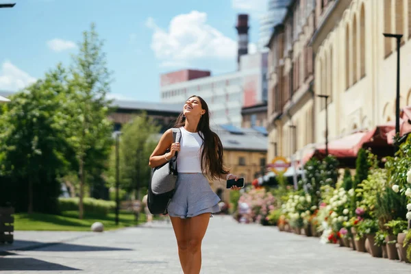 Urban Young Hipster Woman Stylish Backpack Walks City Building Spring — стоковое фото