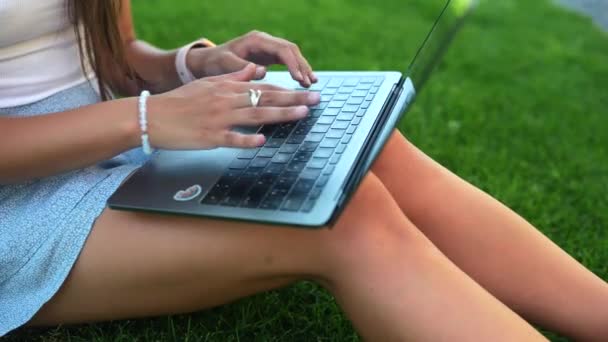 Крупним Планом Вигляд Молодої Жінки Друкує Ноутбуці Сидячи Зеленій Траві — стокове відео