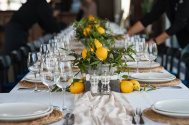 Decorated wedding banquet hall in classic style. Restaurant interior for banquet, wedding deco