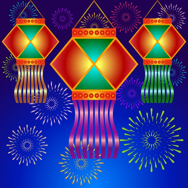 Lanternas indianas Diwali & fundo fogos de artifício — Vetor de Stock