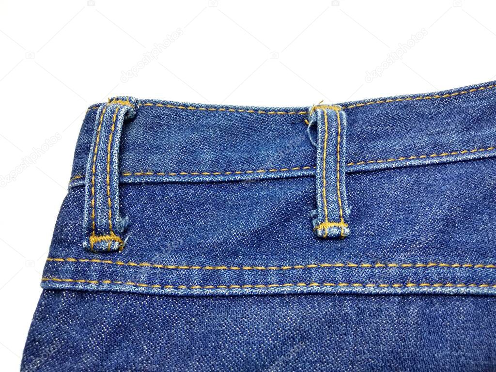 Blue jeans fabric texture White background stitching seam copy space