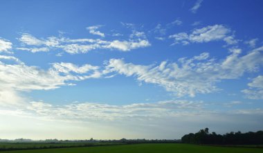 Manzara, mavi gökyüzü, yeşil alanlar, sabahın erken saatleri konsepti. Arkaplan ve duvar kağıtları tasarlamak için kullan.