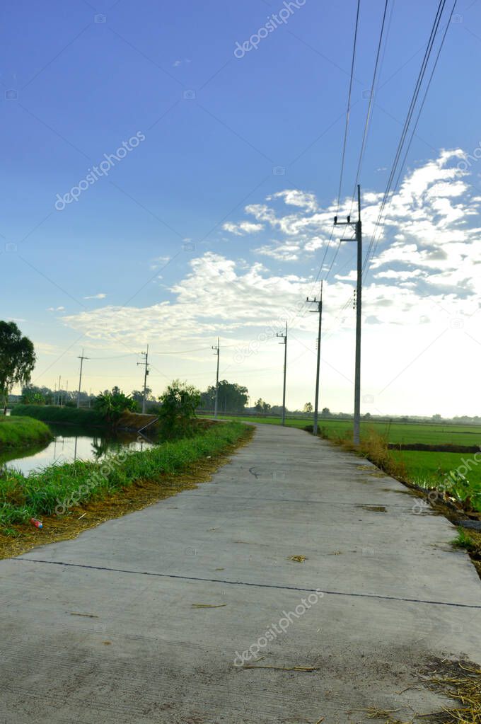concrete road with electric poles surrounded by green fields In the morning on a sunny day, the concept of an unobstructed journey.