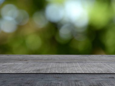 Plank sayacı yeşil orman Bokeh bulanık arka plan, konsept, ürün sunumu ve reklamı, ürün tanıtımı.