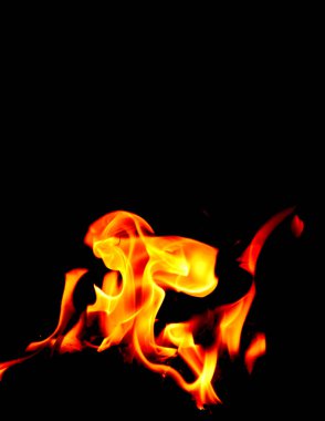 Orange inferno blazing flames close-up black background
