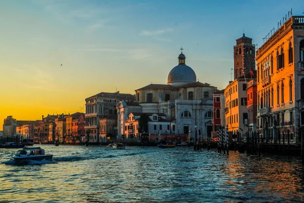 Vaporetto Longo Grande Canal Direção Centro Veneza Pôr Sol — Fotografia de Stock