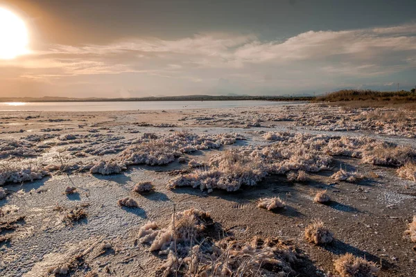 Salinák Torrevieja Naplementekor Egy Lagúna Amely Párolgással Sót Termel Rózsaszín — Stock Fotó