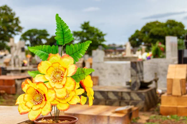 Vaso Con Fiori Artificiali Gialli Cimitero Sullo Sfondo — Foto Stock