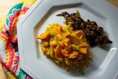 Pequi posası ve soya kabuğu etli beyaz bir tabak. Vejetaryen yemeği. Pequi, Brezilya 'nın orta bölgesinde yetişen tipik bir meyvedir. Caryocar brasiliense.