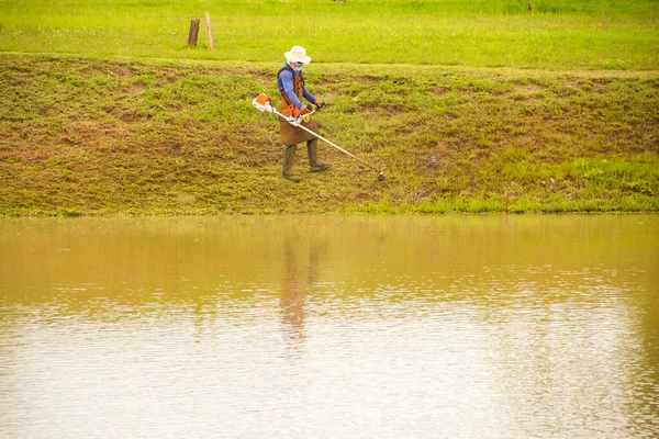 Worker Who Cuts Grass Edge Lake Using Appropriate Equipment — стоковое фото