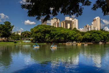 Goiania şehrinde halka açık bir parktaki göl manzarası. Gül Gölü. Ailelerin dinlenip piknik yaptığı yer..