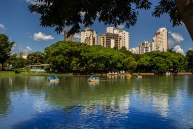 Goiania şehrinde halka açık bir parktaki göl manzarası. Gül Gölü. Ailelerin dinlenip piknik yaptığı yer..