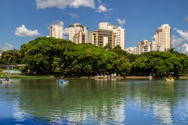 Goiania şehrinde halka açık bir parktaki göl manzarası. Gül Gölü. Ailelerin dinlenip piknik yaptığı yer..