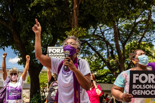 Žena Mluvící Mikrofonu Během Protestu Mezinárodní Den Žen — Stock fotografie