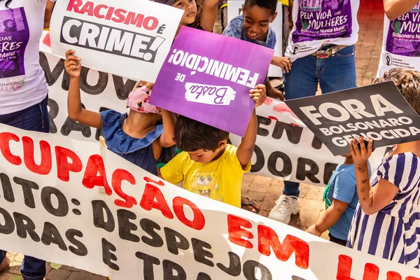 stock image Some children holding signs and banners. Photo taken during a women's day protest in Goiania.