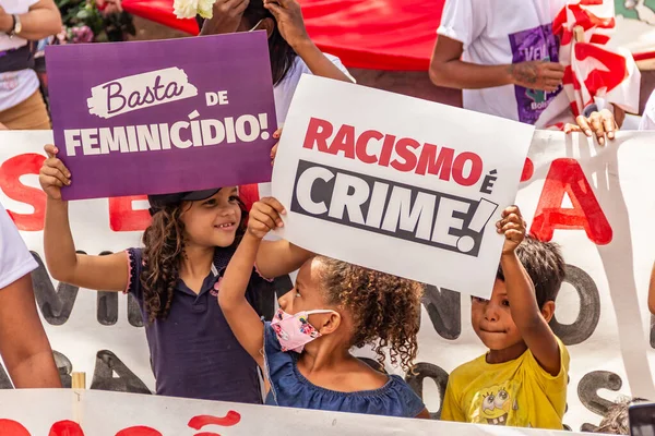 Some Children Holding Signs Banners Photo Taken Women Day Protest — Stock Photo, Image