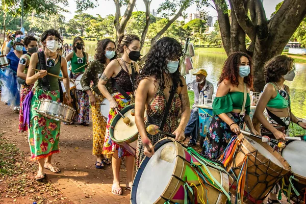 Detail Group Women Percussionists Photo Taken Carnival Performance Public Park — Stock Photo, Image