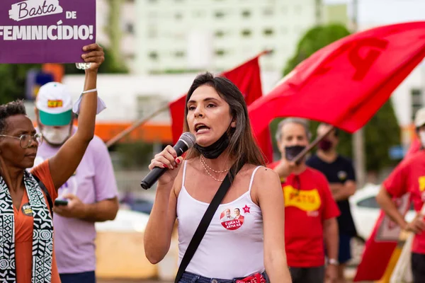 Woman Speaking Microphone Photo Taken Protest City Goiania President Bolsonaro — ストック写真