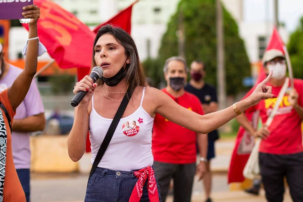 Woman Speaking Microphone Photo Taken Protest City Goiania President Bolsonaro — ストック写真