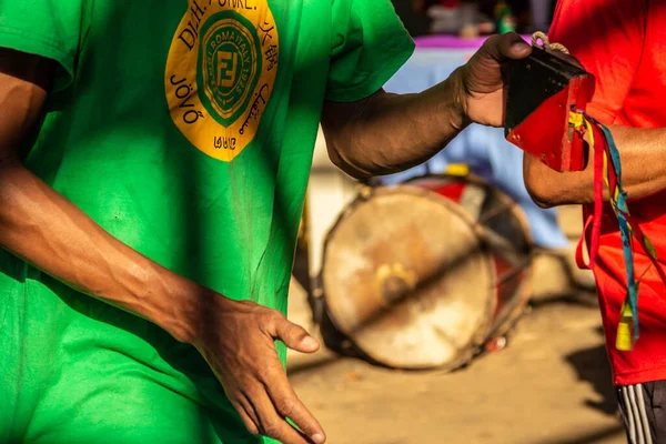 Detail Group Revelers Using Percussion Instruments Rehearsing Congadas Goinia — Stock Photo, Image