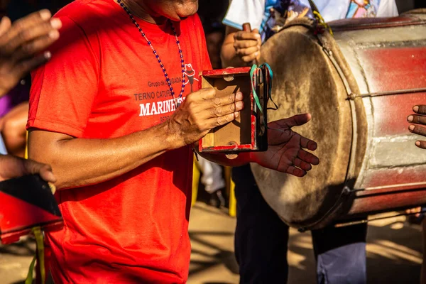 Detail Group Revelers Using Percussion Instruments Rehearsing Congadas Goinia — Stock Photo, Image