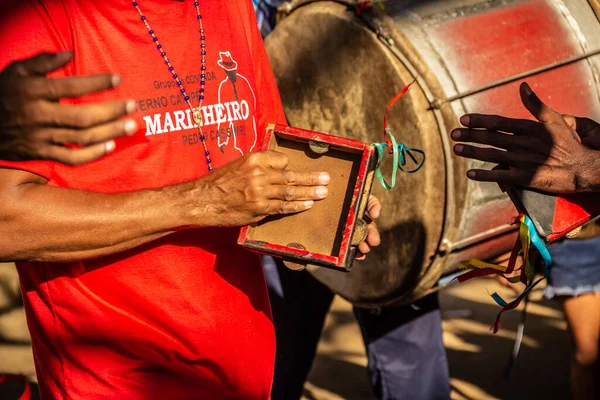 Detail Group Revelers Using Percussion Instruments Rehearsing Congadas Goinia — Stock Photo, Image