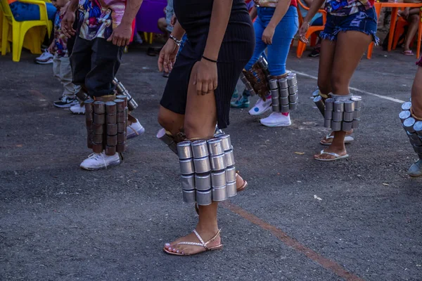Detail Rattles Legs Group Revelers Rehearsing Congadas Goinia Percussion Instruments — Stock Photo, Image