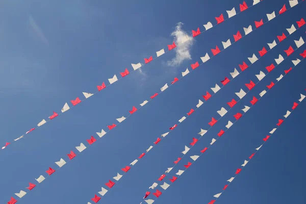 Some Lines Flags White Red Hanging Blue Sky Background — Stock Photo, Image