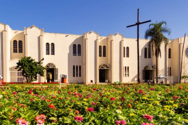 Campinas Bazilika Sığınağı. Gökyüzünün mavi olduğu güneşli bir günde Goinia şehrindeki Igreja Matriz de Campinas manzarası.