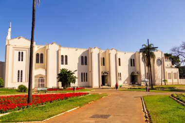 Campinas Bazilika Sığınağı. Gökyüzünün mavi olduğu güneşli bir günde Goinia şehrindeki Igreja Matriz de Campinas manzarası.