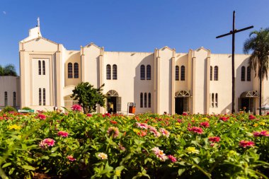 Campinas Bazilika Sığınağı. Gökyüzünün mavi olduğu güneşli bir günde Goinia şehrindeki Igreja Matriz de Campinas manzarası.