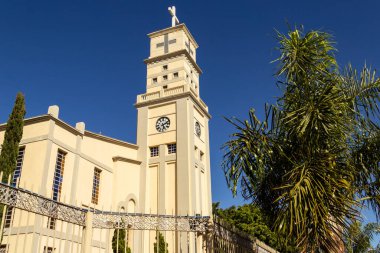 Anpolis şehrindeki Bom Jesus da Lapa Katedrali 'nin yan manzarası. Etrafında ağaçlar ve arka planda mavi gökyüzü var..