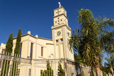 The side view of the Bom Jesus da Lapa Cathedral in the city of Anpolis with trees around it and blue sky in the background.