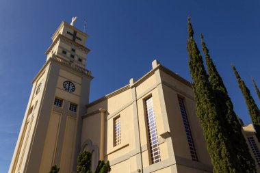 The side view of the Bom Jesus da Lapa Cathedral in the city of Anpolis with pine trees around it and blue sky in the background.