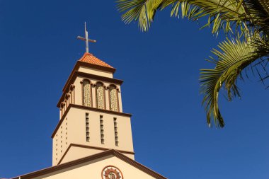 Goias, Anapolis 'teki Sao Francisco de Assis Parish. Arka planda mavi gökyüzü olan hindistan cevizi yaprakları olan kilise kulesinin ayrıntıları.. 