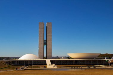 National Congress Palace in clear day with clear blue sky. Urban landscape.It is an architectural work by Oscar Niemeyer.