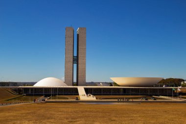 National Congress Palace in clear day with clear blue sky. Urban landscape.It is an architectural work by Oscar Niemeyer.