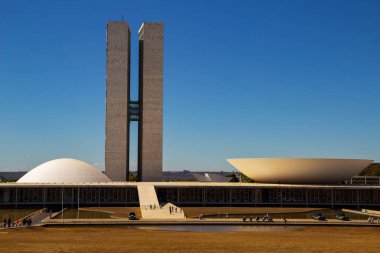National Congress Palace in clear day with clear blue sky. Urban landscape.It is an architectural work by Oscar Niemeyer.