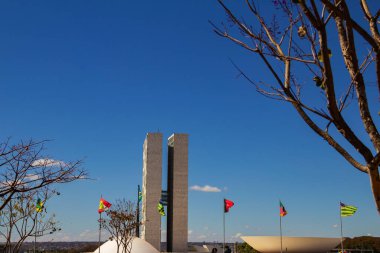 Cityscape - detail of the National Congress in Brasilia among dry tree branches with blue sky in the background. Federal Capital of Brazil. It is an architectural work by Oscar Niemeyer.