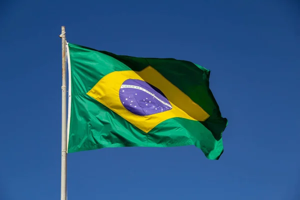 Brazilian Flag Flying Fluttering Wind Blue Sky Background — Foto de Stock