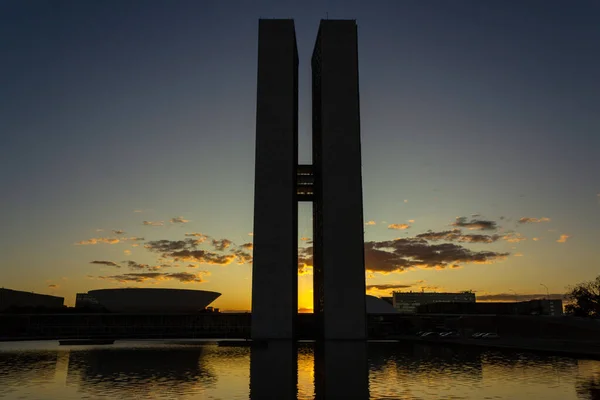 National Congress Brasilia Silhouette Sunset Background Late Afternoon Sky Yellowish — 图库照片